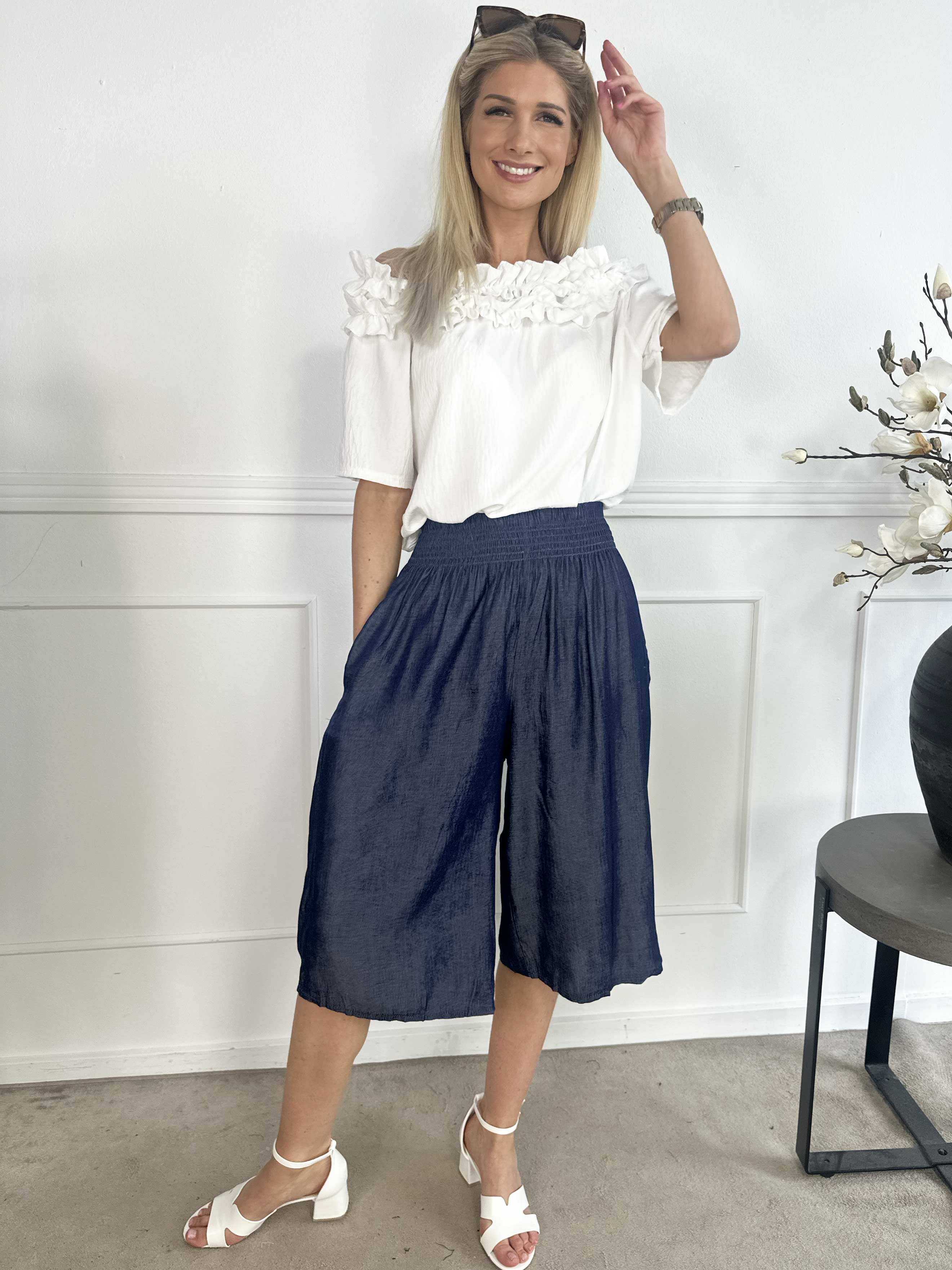 Pams Denim Knickers - Knælange bukser med elastikkant i livet